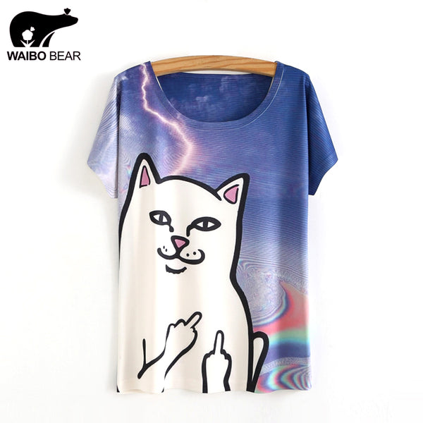 Punk Style 2017 Women T-Shirts Cartoon Cat Print Lightning Pattern Basic Shirt Short Sleeve O Neck Funny Tee Tops WAIBO BEAR
