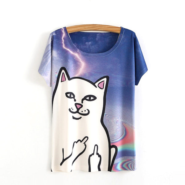 Punk Style 2017 Women T-Shirts Cartoon Cat Print Lightning Pattern Basic Shirt Short Sleeve O Neck Funny Tee Tops WAIBO BEAR
