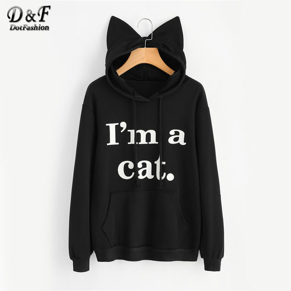 Dotfashion Slogan Print Cat Ear Kawaii Hoodie Sweatshirt 2017 New Black Print Cute Pullovers Long Sleeve Casual Sweatshirt