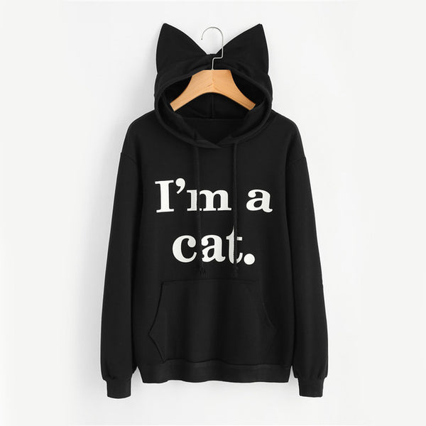 Dotfashion Slogan Print Cat Ear Kawaii Hoodie Sweatshirt 2017 New Black Print Cute Pullovers Long Sleeve Casual Sweatshirt