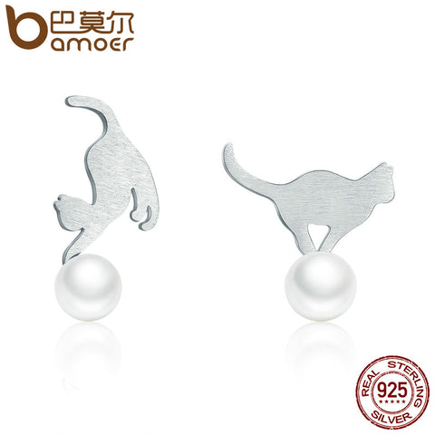 BAMOER Hot Sale 100% 925 Sterling Silver Naughty Cat Play Ball Drop Earrings Women Sterling Silver Earrings Jewelry Gift SCE235